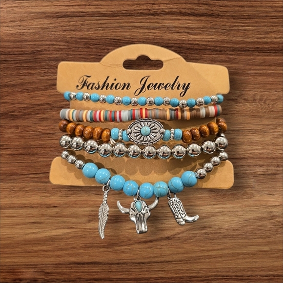 Fashion Jewelry Blue and Silver Bohemian Bracelet Set - Picture 2 of 2